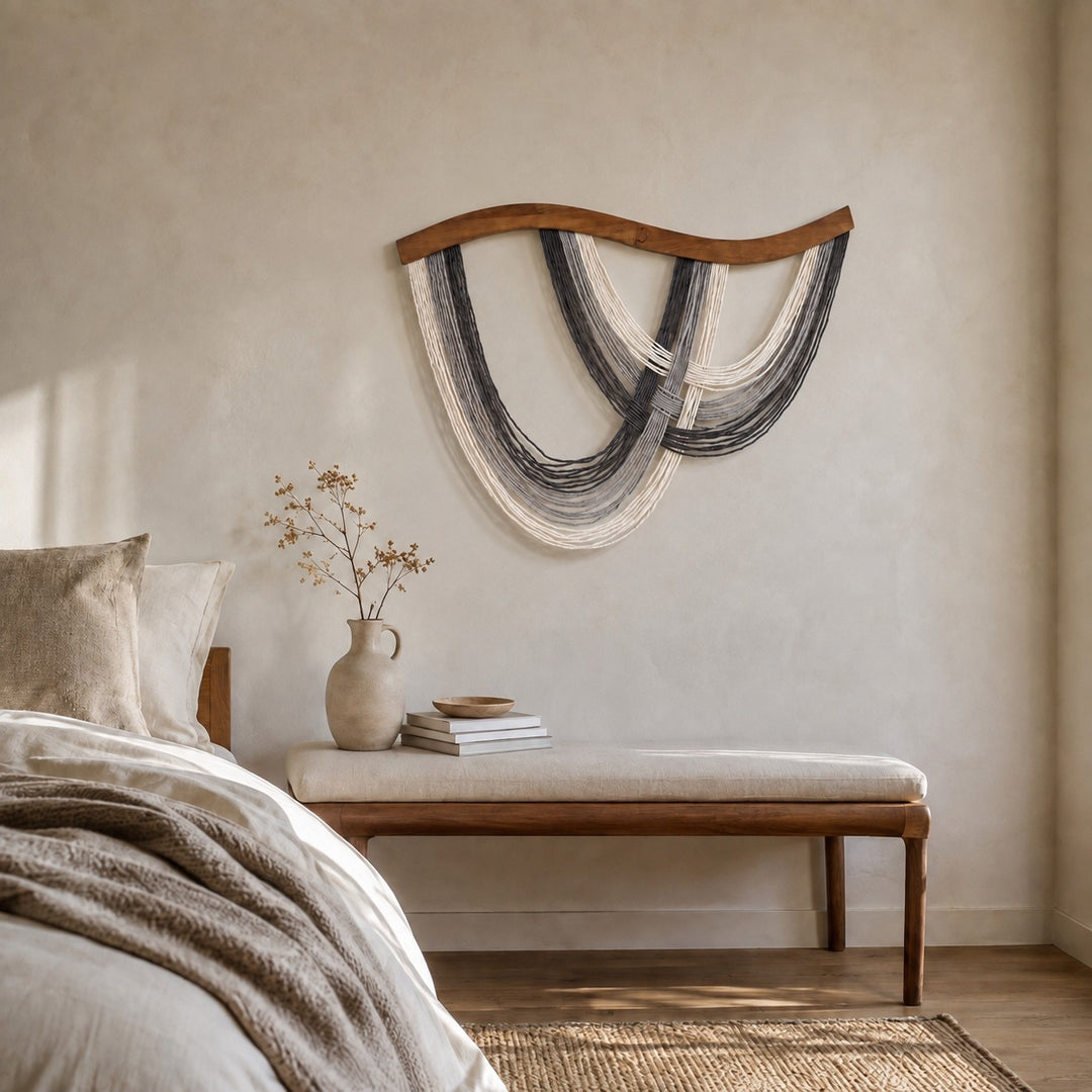 Volute Boho Macramé Wall Hanging with Curved Wood Bar and Draped Yarn