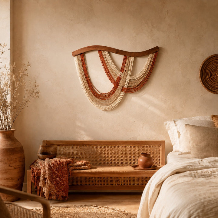 Volute Boho Macramé Wall Hanging with Curved Wood Bar and Draped Yarn