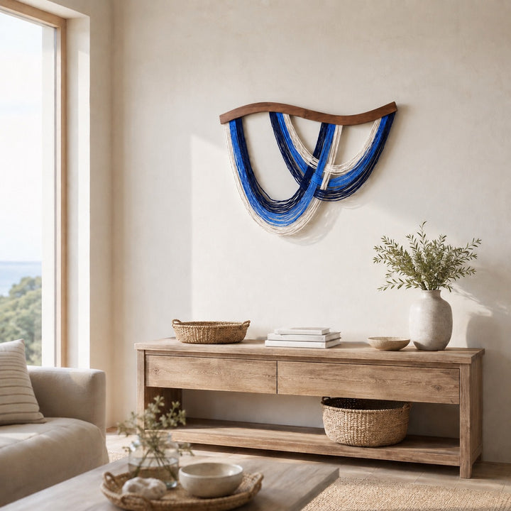 Volute Boho Macramé Wall Hanging with Curved Wood Bar and Draped Yarn