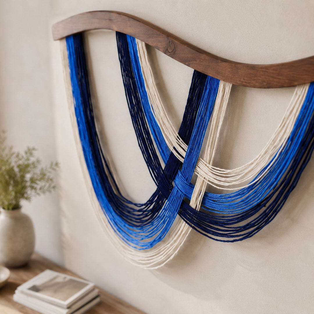 Volute Boho Macramé Wall Hanging with Curved Wood Bar and Draped Yarn