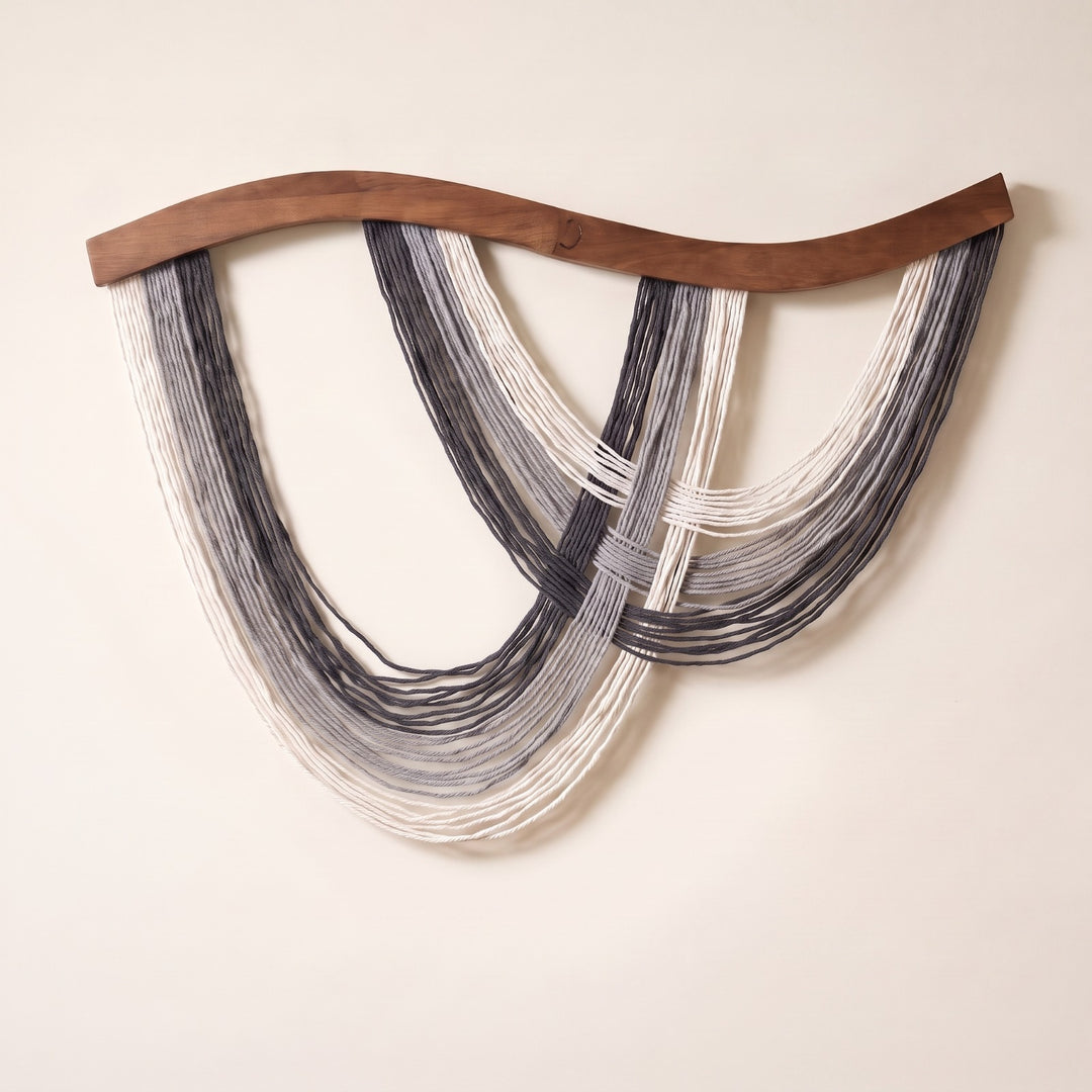 Volute Boho Macramé Wall Hanging with Curved Wood Bar and Draped Yarn