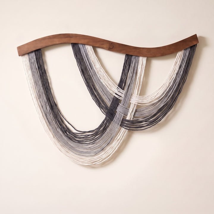 Volute Boho Macramé Wall Hanging with Curved Wood Bar and Draped Yarn