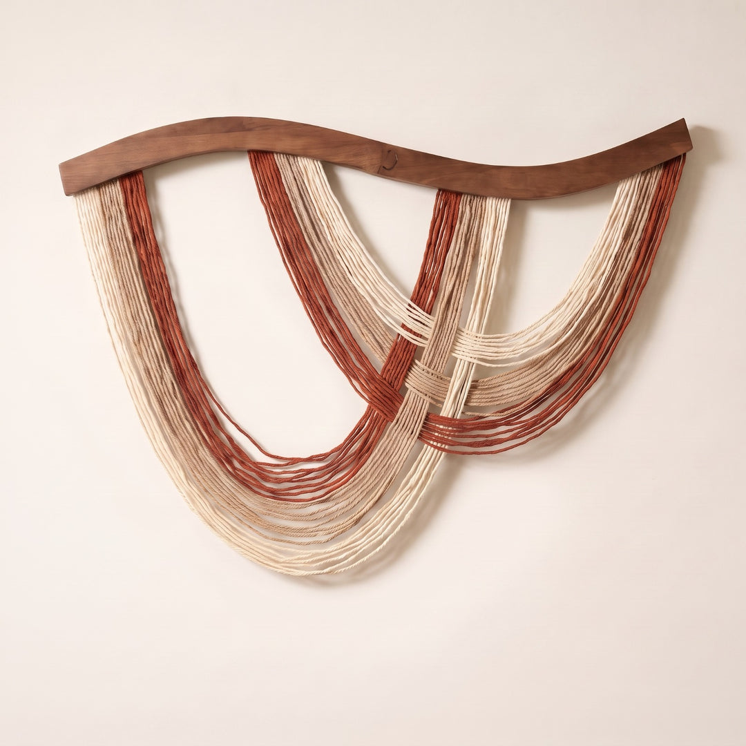 Volute Boho Macramé Wall Hanging with Curved Wood Bar and Draped Yarn