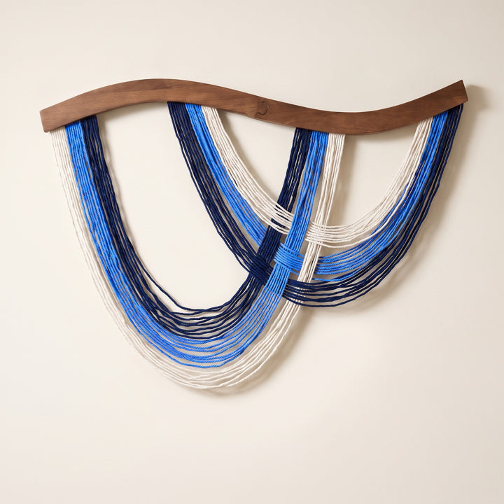 Volute Boho Macramé Wall Hanging with Curved Wood Bar and Draped Yarn