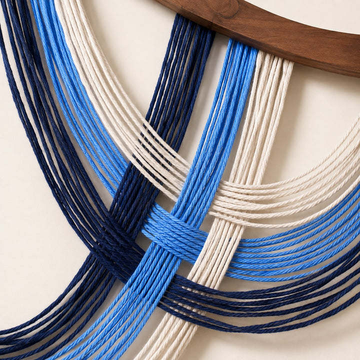 Volute Boho Macramé Wall Hanging with Curved Wood Bar and Draped Yarn