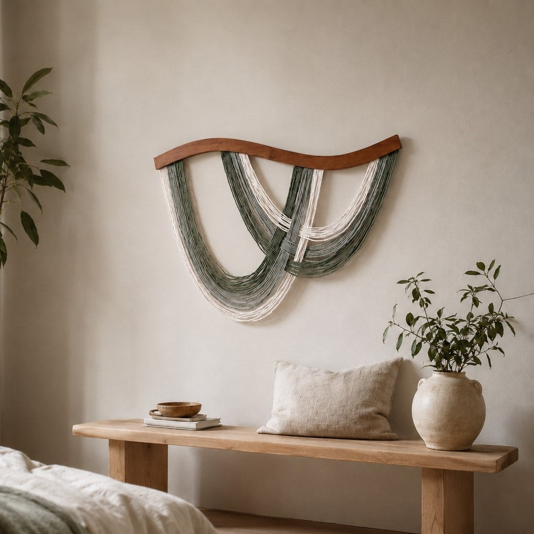 Volute Boho Macramé Wall Hanging with Curved Wood Bar and Draped Yarn