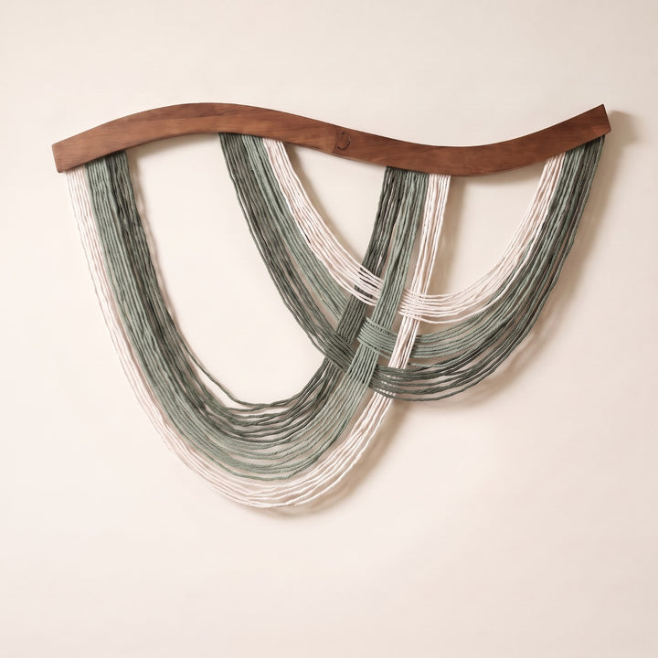 Volute Boho Macramé Wall Hanging with Curved Wood Bar and Draped Yarn