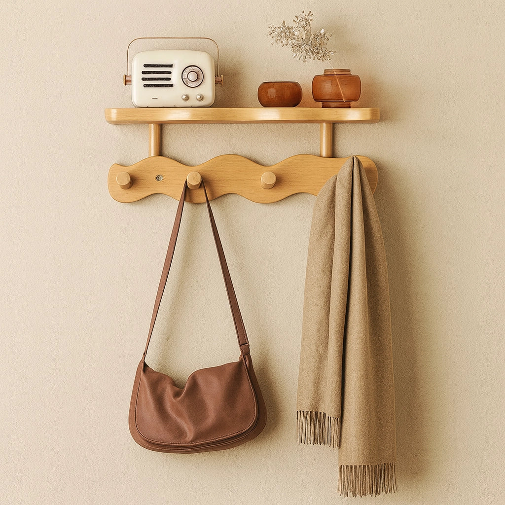 Ripple Bamboo Entryway Wall Rack – Coat, Bag & Key Hooks with Shelf