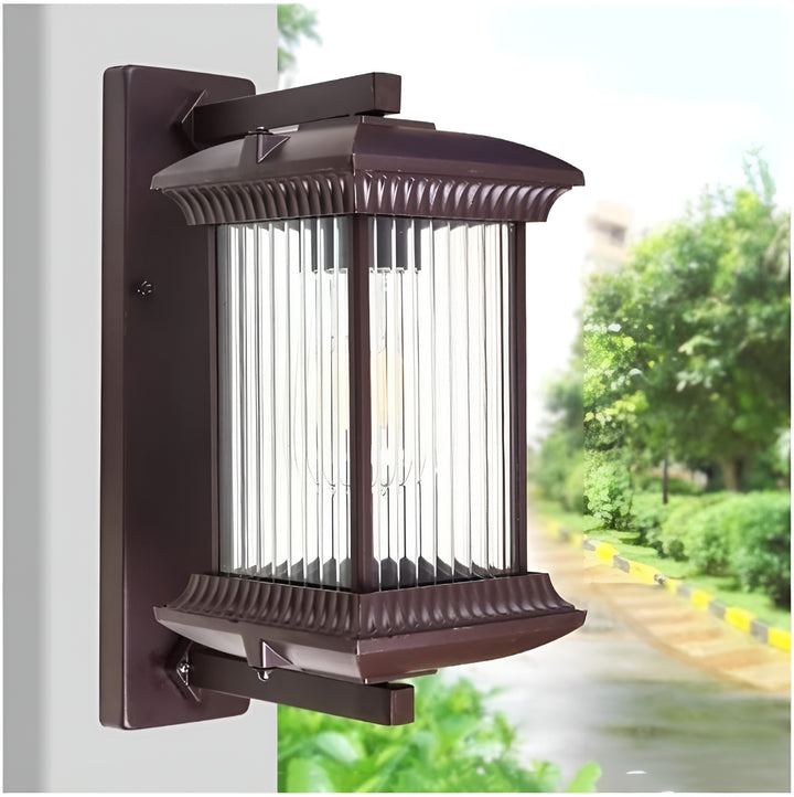 Torin | Fluted Glass Outdoor Wall Lantern with Coffee Brown Aluminum Frame – Weatherproof