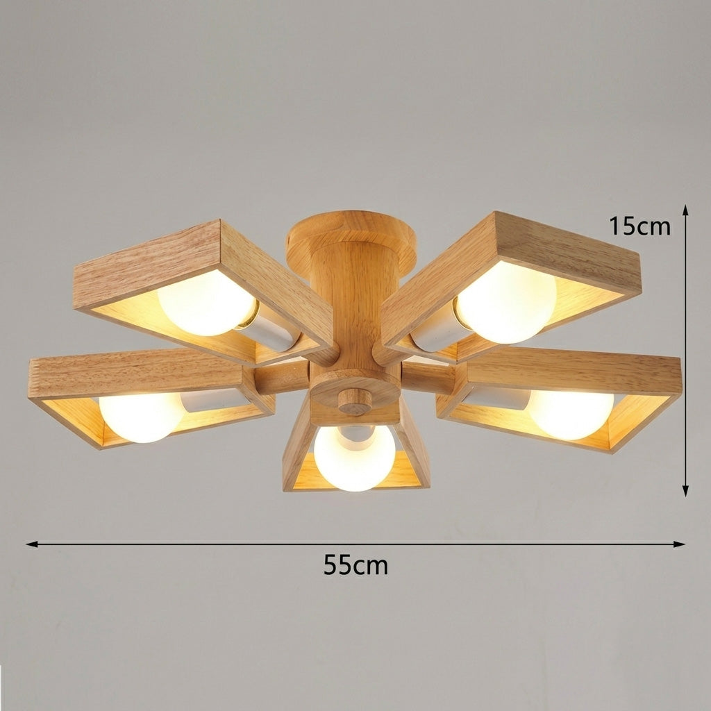 Kotori | Japandi Wood Chandelier with Radial Arms and Exposed Bulbs