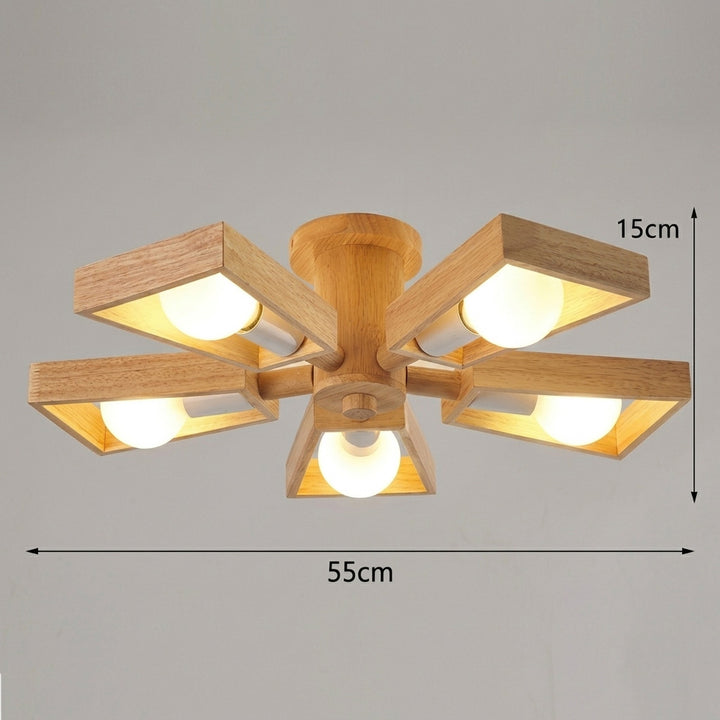 Kotori | Japandi Wood Chandelier with Radial Arms and Exposed Bulbs