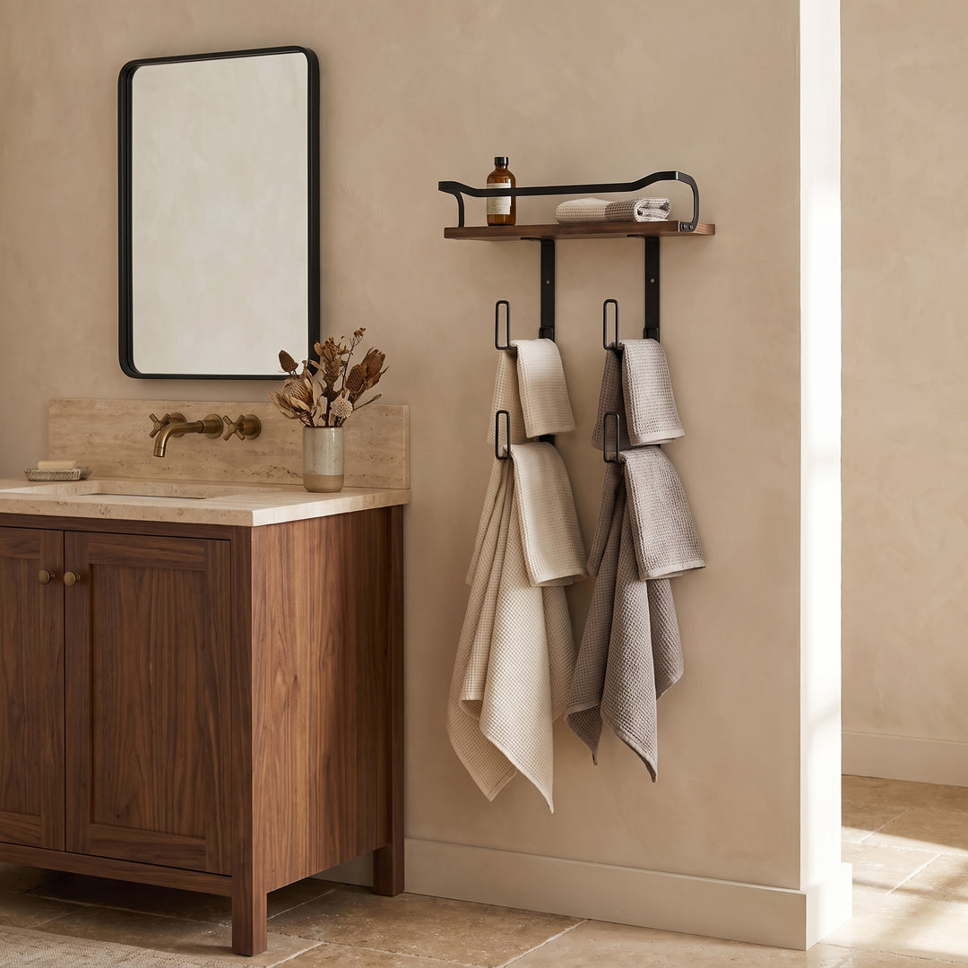 Nori | Industrial Bathroom Towel Rack with Wood Shelf and Tiered Wall Storage