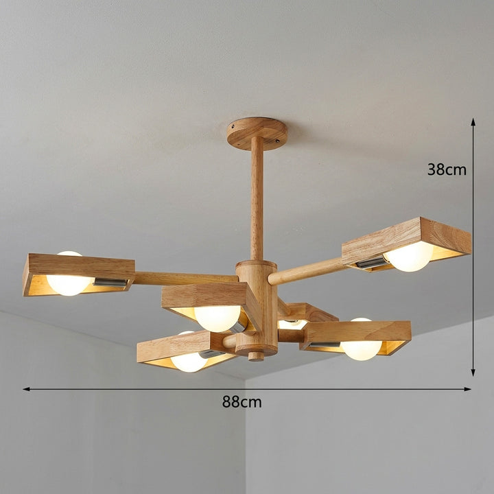 Kotori | Japandi Wood Chandelier with Radial Arms and Exposed Bulbs