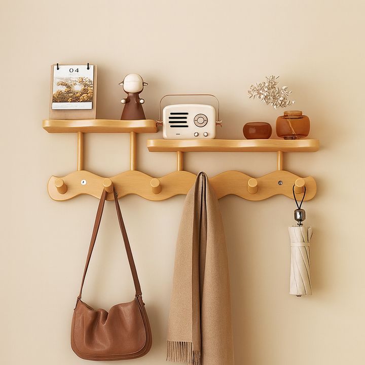 Ripple Bamboo Entryway Wall Rack – Coat, Bag & Key Hooks with Shelf