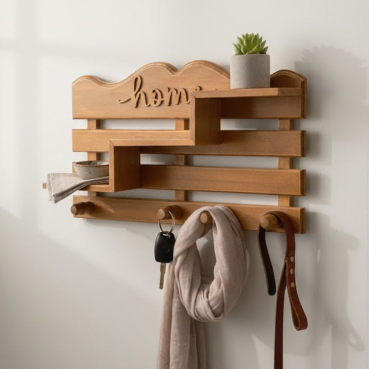 Home Script Wooden Wall Shelf with Hooks – Decorative Entryway Organizer & Display Rack