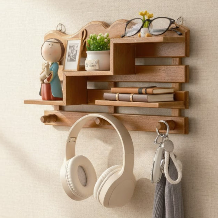 Home Script Wooden Wall Shelf with Hooks – Decorative Entryway Organizer & Display Rack