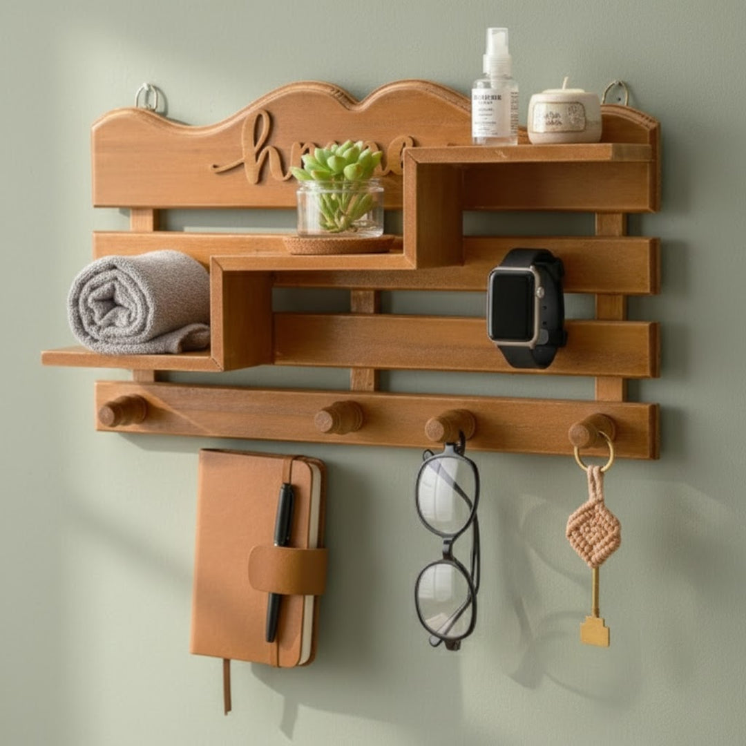 Home Script Wooden Wall Shelf with Hooks – Decorative Entryway Organizer & Display Rack