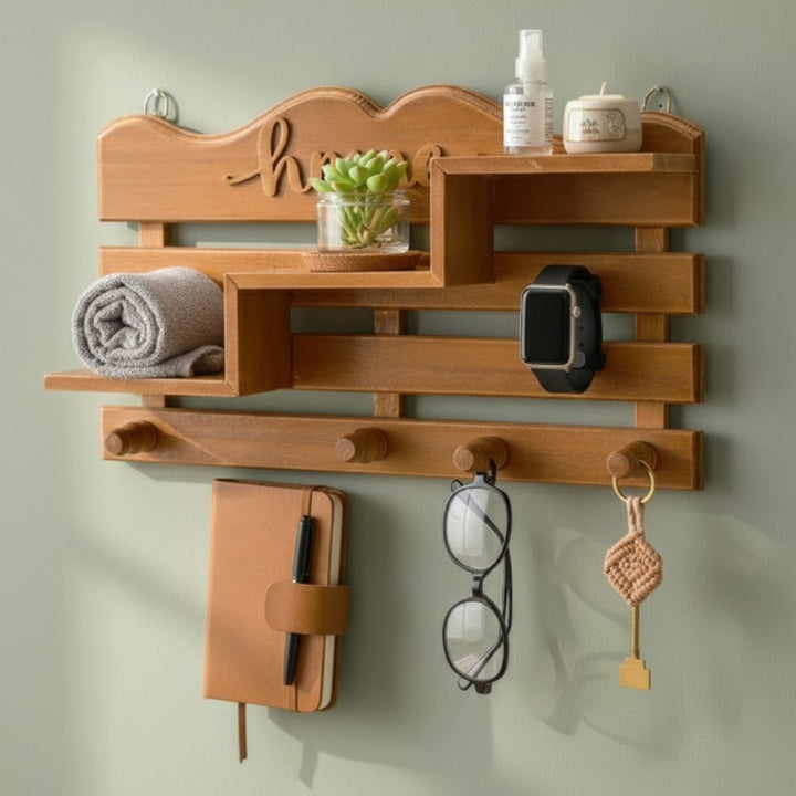 Home Script Wooden Wall Shelf with Hooks – Decorative Entryway Organizer & Display Rack