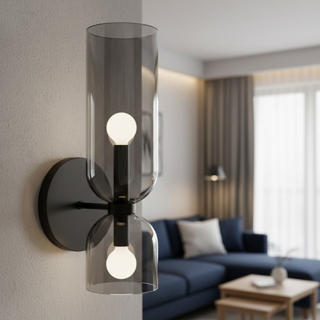 Linea Duo Glass Wall Sconce – Dual Cylinder Accent Light with Metal Base