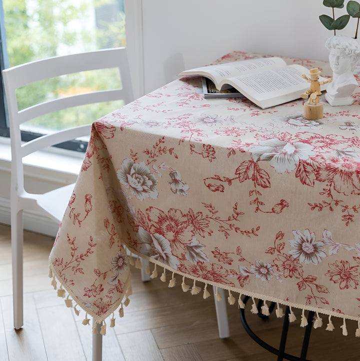 Vintage Print Tablecloth with Tassel Trim - Cotton Linen Table Cover