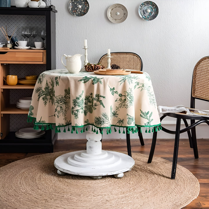 Vintage Print Tablecloth with Tassel Trim - Cotton Linen Table Cover