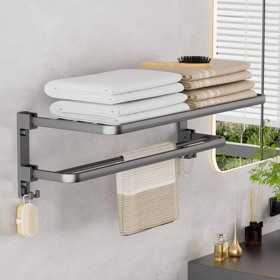 Linea Matte Black Aluminum Towel Rack with Shelf & Hooks