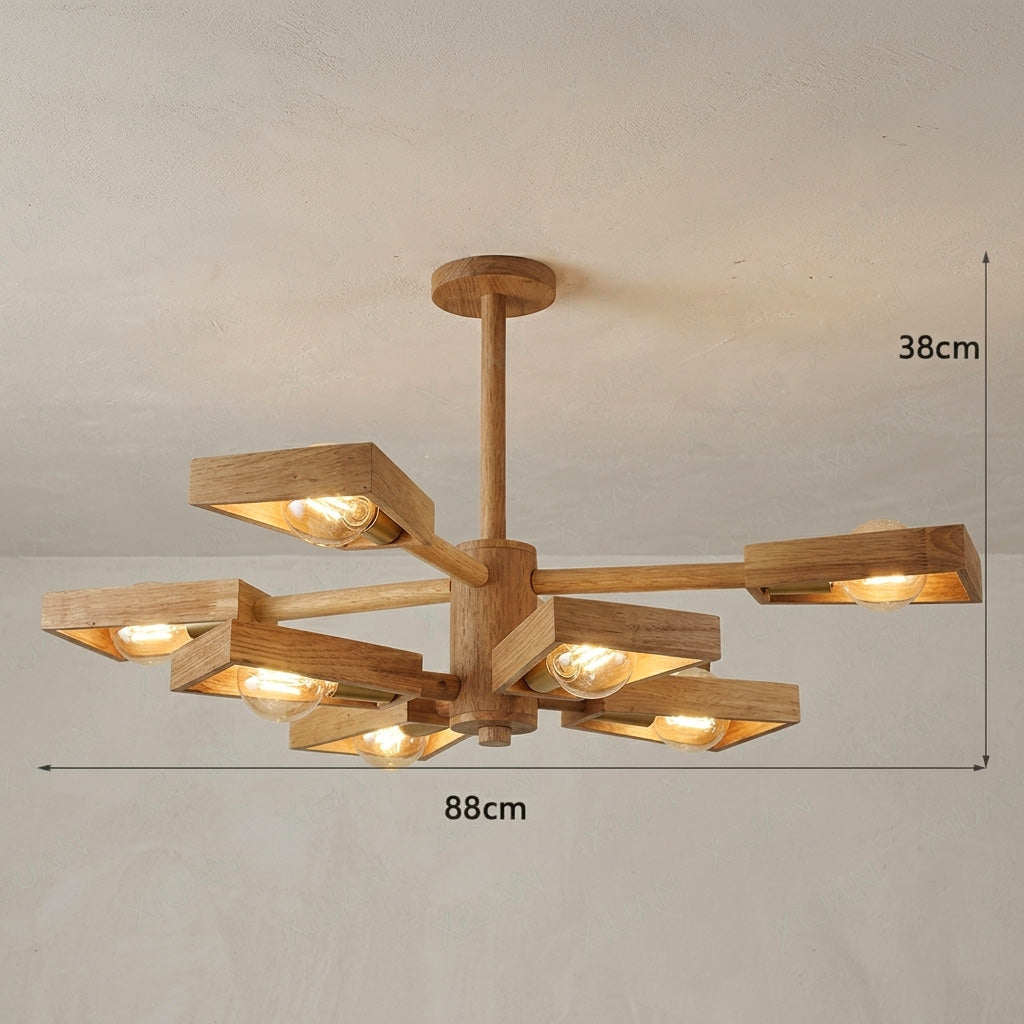 Kotori | Japandi Wood Chandelier with Radial Arms and Exposed Bulbs