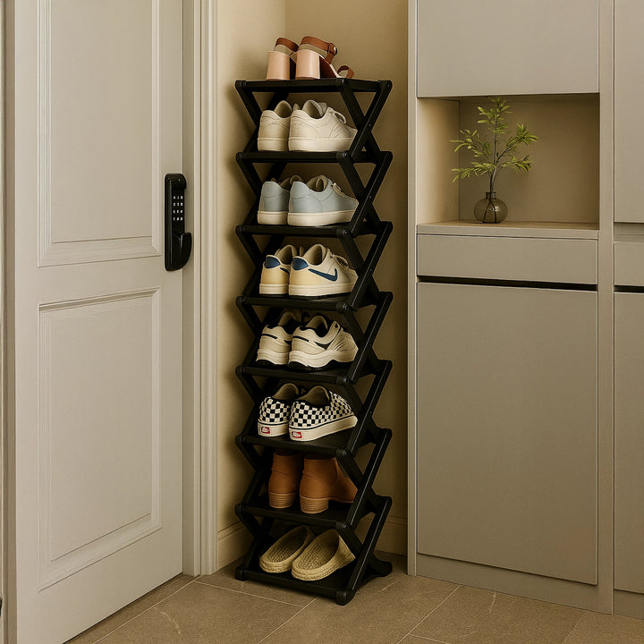 Tiered Bamboo Folding Shoe & Storage Rack – Narrow Entryway Organizer