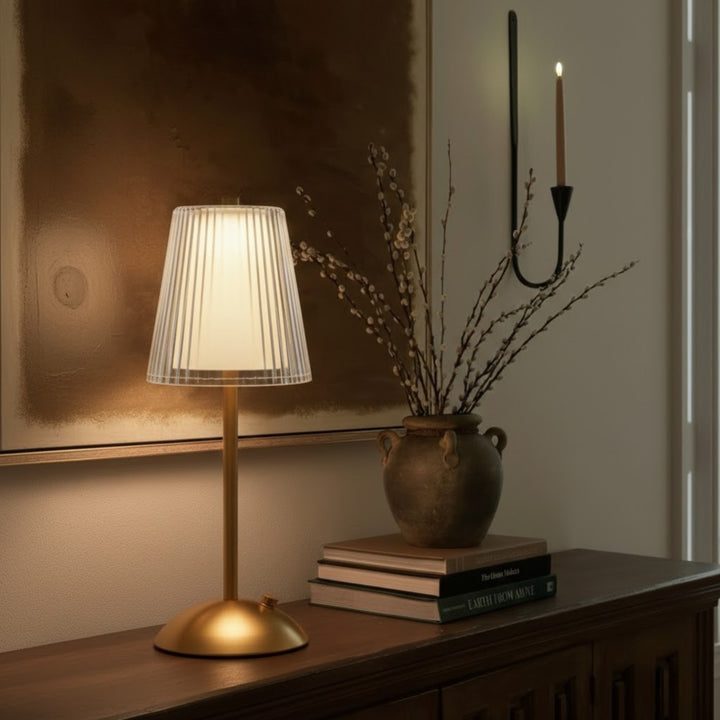 Pleated Rechargeable Table Lamp – Pleated Acrylic Shade with Metal Base