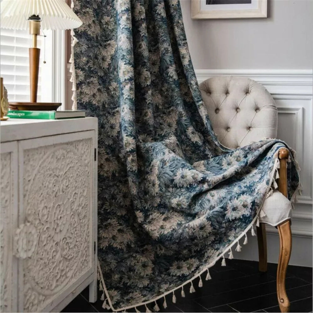 Amara | Curtains for Living Room – Light-Filtering Design, Navy Floral 0