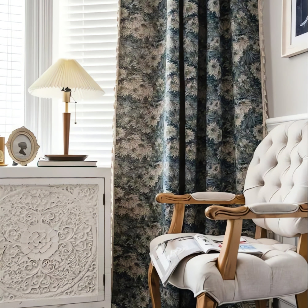 Amara | Curtains for Living Room – Light-Filtering Design, Navy Floral 2