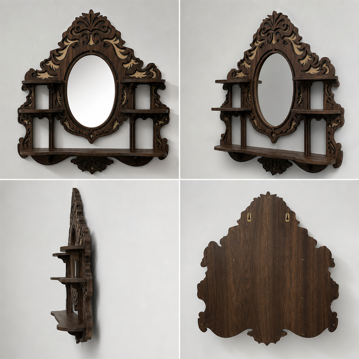 Arcana Carved Wood Wall Shelf with Oval Mirror and Multi-Tier Display Ledges