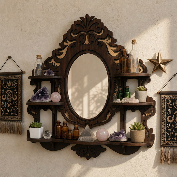 Arcana Carved Wood Wall Shelf with Oval Mirror and Multi-Tier Display Ledges