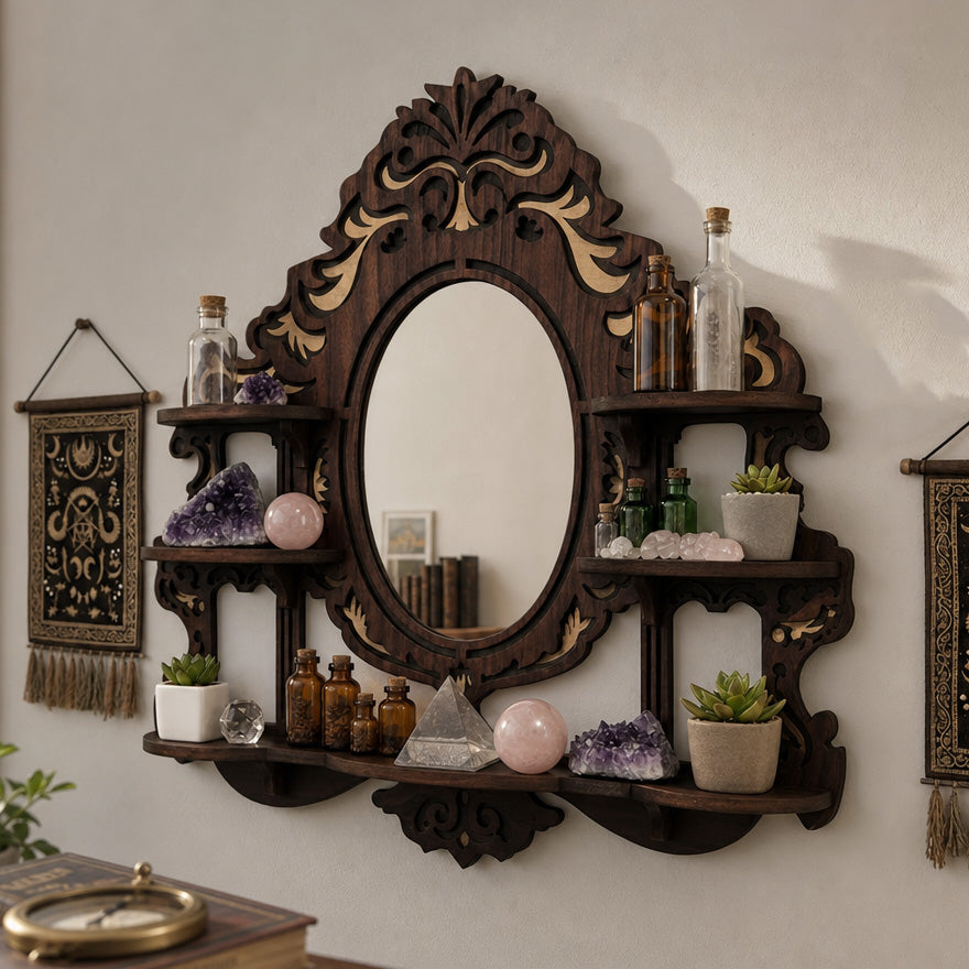 Arcana Carved Wood Wall Shelf with Oval Mirror and Multi-Tier Display Ledges
