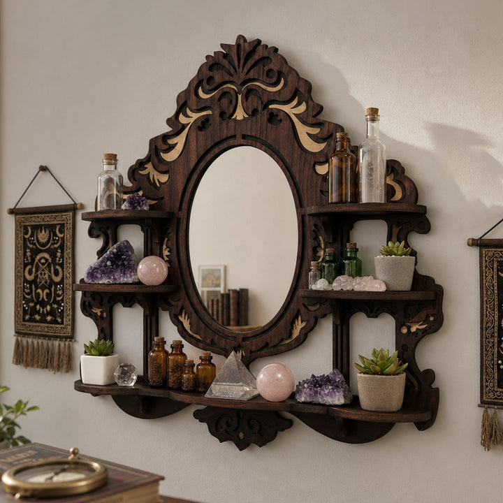 Arcana Carved Wood Wall Shelf with Oval Mirror and Multi-Tier Display Ledges