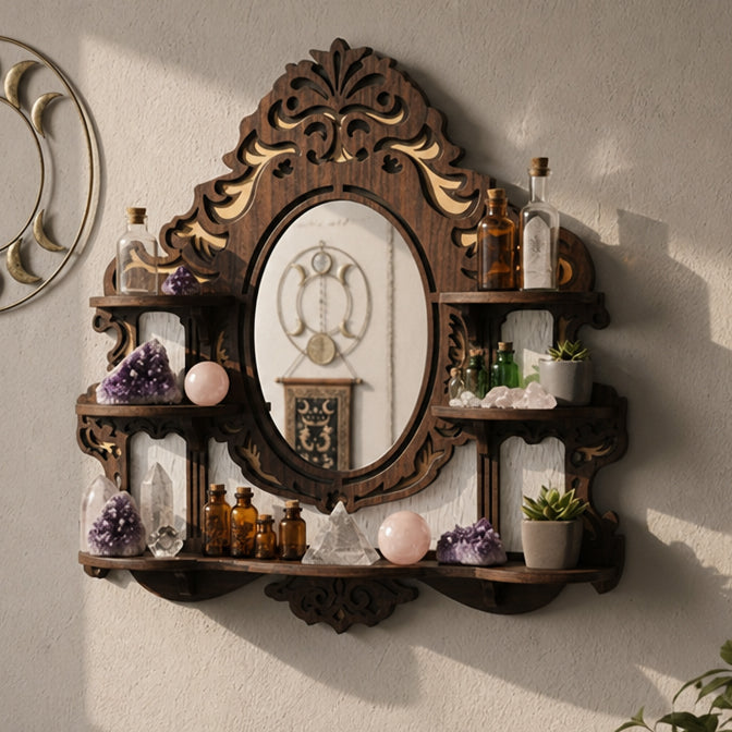 Arcana Carved Wood Wall Shelf with Oval Mirror and Multi-Tier Display Ledges