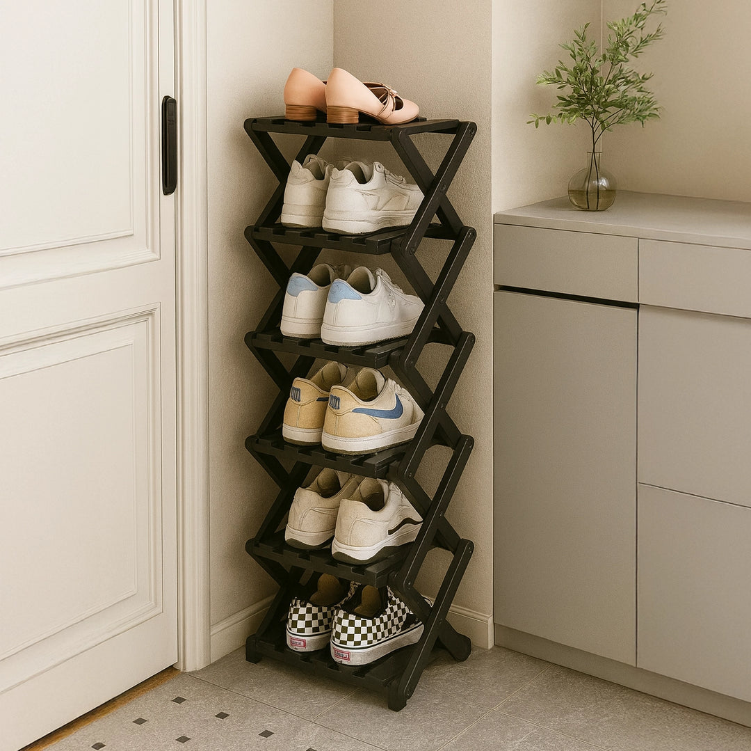 Tiered Bamboo Folding Shoe & Storage Rack – Narrow Entryway Organizer