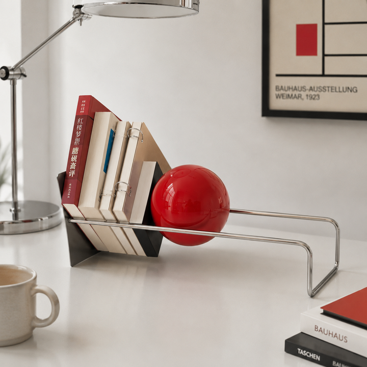 Orbie Desktop Metal Book Holder with Sphere Accent | Freestanding Bookend Organizer