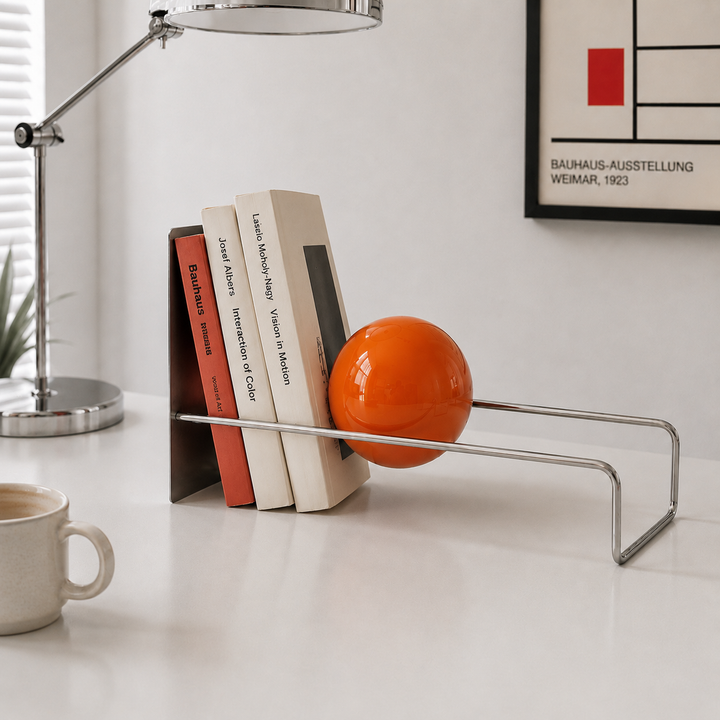 Orbie Desktop Metal Book Holder with Sphere Accent | Freestanding Bookend Organizer
