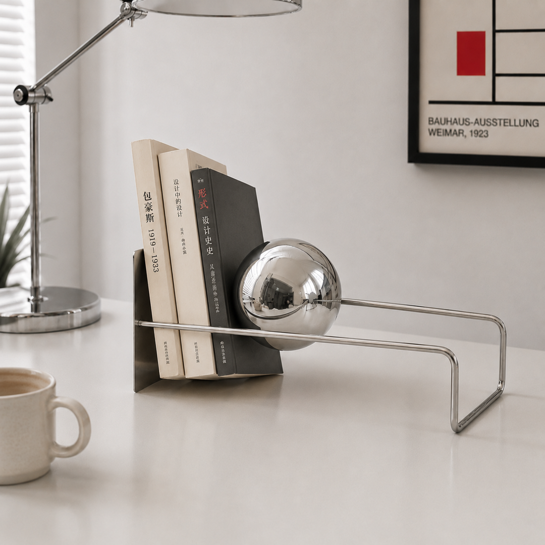 Orbie Desktop Metal Book Holder with Sphere Accent | Freestanding Bookend Organizer