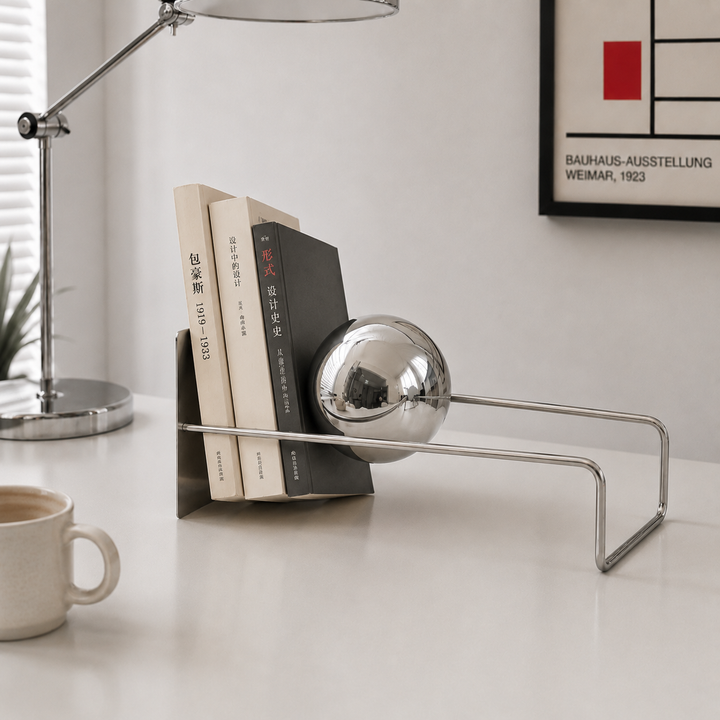 Orbie Desktop Metal Book Holder with Sphere Accent | Freestanding Bookend Organizer