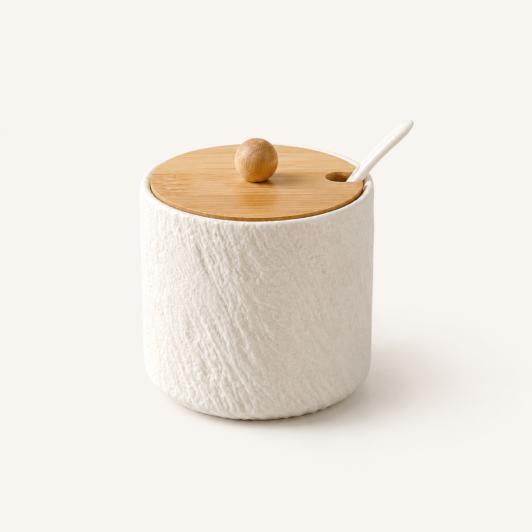 Grano | Textured Ceramic Seasoning Jar Set with Wood Lid and Spoon