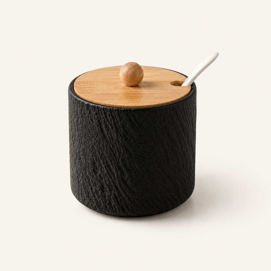 Grano | Textured Ceramic Seasoning Jar Set with Wood Lid and Spoon