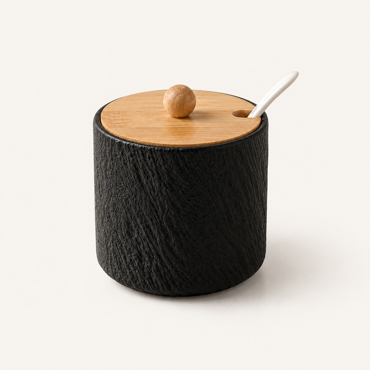 Grano | Textured Ceramic Seasoning Jar Set with Wood Lid and Spoon