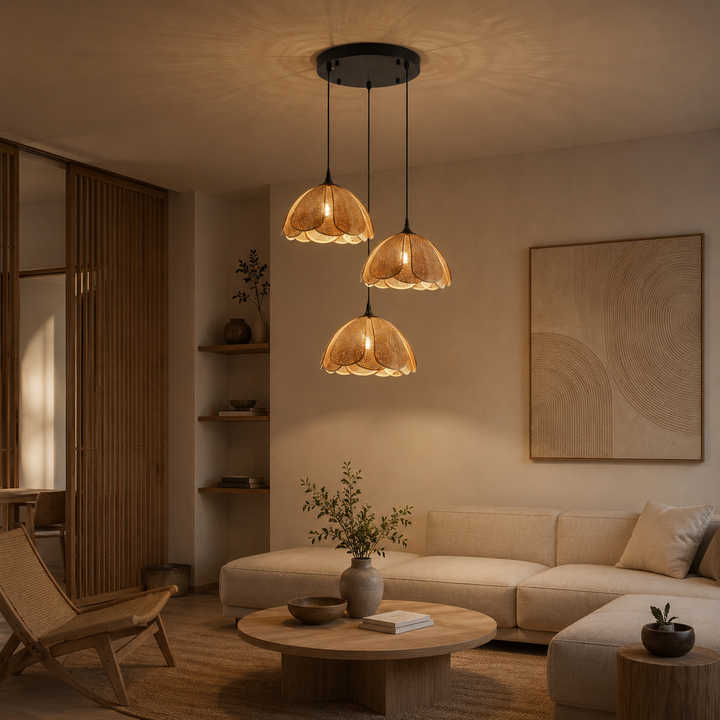 Yara | Woven Rattan Scalloped Petal Dome Pendant and Wall Lamp Fixture