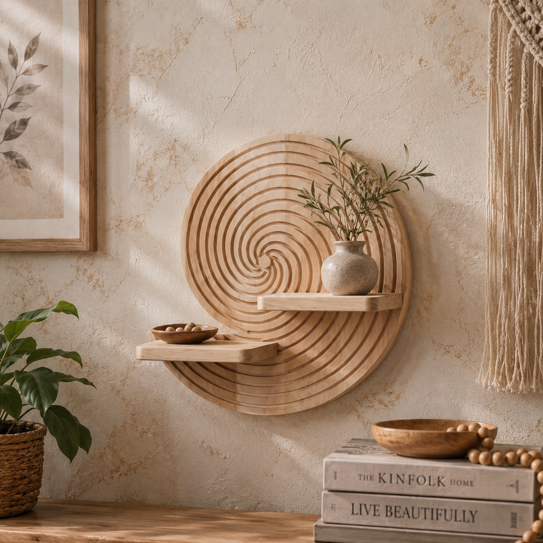 Nooki | Carved Wood Wall Shelf with Spiral Groove Detail and Ledge