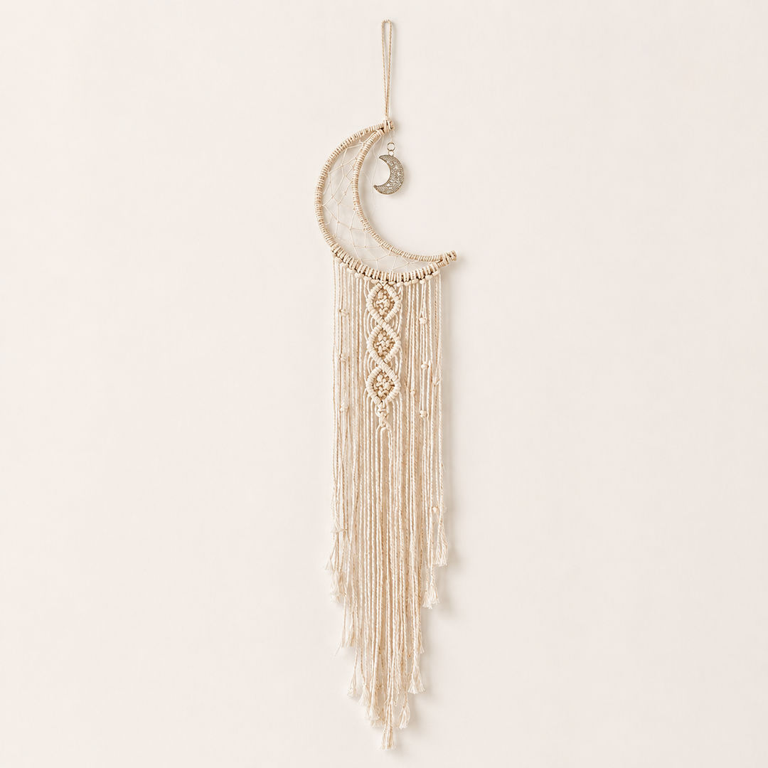 Crescente Boho Moon Macrame Wall Hanging | Celestial Cotton Fringe Tapestry for Bedroom & Nursery
