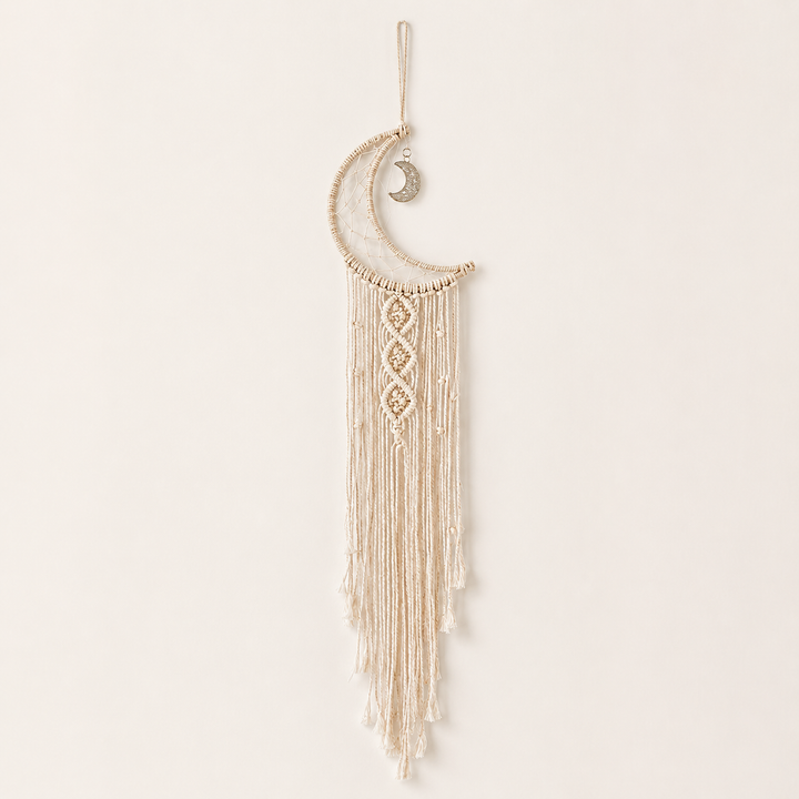 Crescente Boho Moon Macrame Wall Hanging | Celestial Cotton Fringe Tapestry for Bedroom & Nursery
