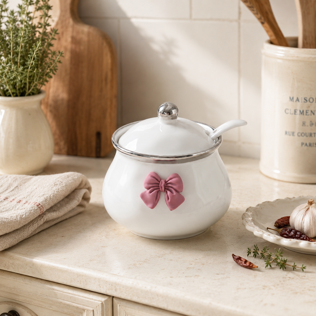 Bowlet Ceramic Seasoning Jar with Bow Accent, Lid and Spoon