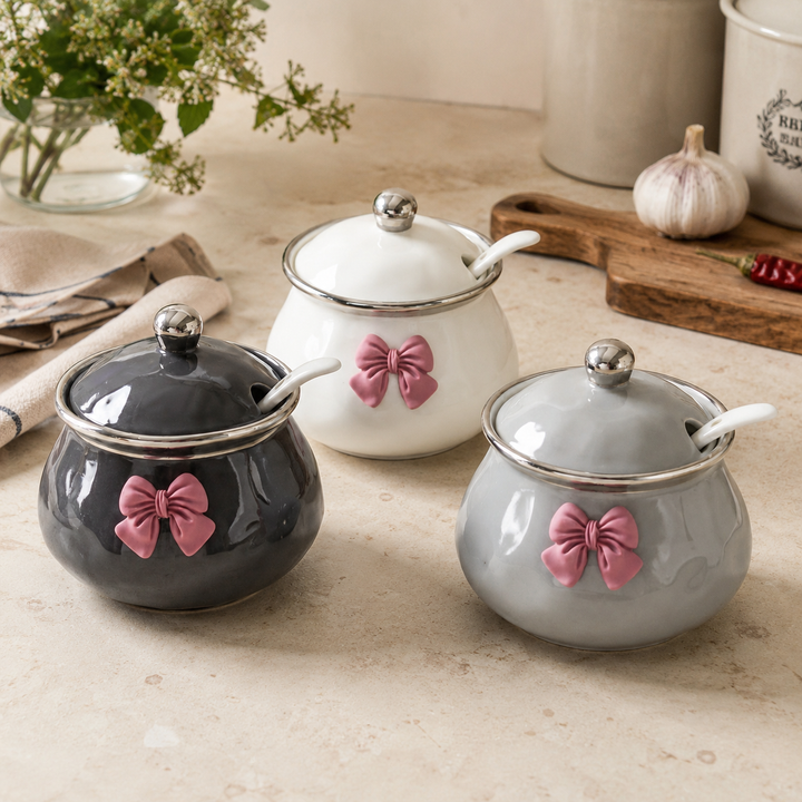 Bowlet Ceramic Seasoning Jar with Bow Accent, Lid and Spoon